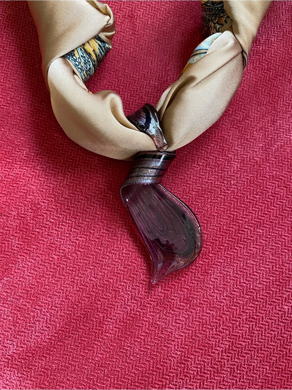 Repurposed glass pendant on new scarf! Tie to any length behind your neck.